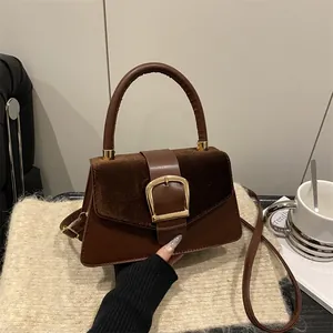 Spliced Suede PU Leather Crossbody Bag For Women Vintage Flap Square Shoulder Bag With Gold Buckle Top Handle Handbag