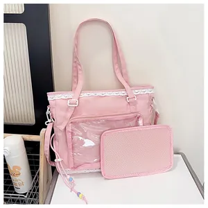 Pink ita bag detail with transparent front window and lace trim for badge display