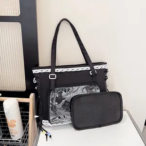 Large Capacity Nylon Tote Bag For Women With Lace Trim Transparent Window Ita Bag Sweet Japanese Style Shoulder Bag Handbag