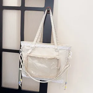 Large capacity cream white ita bag tote with clear PVC window and delicate lace trim