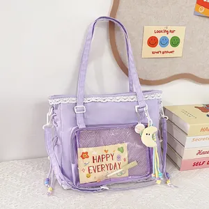 Light purple large capacity tote bag with lace trim and plush moon charm for women