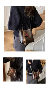 Detail of dark brown croc-effect bucket bag with woven tassel and bear charm detail