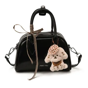 Vintage black glossy pillow handbag with plaid bow and plush puppy charm for women