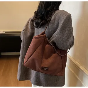 Détail du sac fourre-tout en daim rouge-brun avec bandoulière chaîne et patch logo