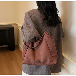 Détail du sac fourre-tout en daim marron avec chaîne en métal et logo sur blazer gris