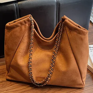 Sac Fourre-tout Femme Grande Capacité en Cuir PU Avec Texture Daim Mode Chaîne Sac à Épaule Minimaliste Urbain Main