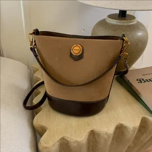 Vintage Women Suede-look PU Leather Bucket Bag Retro Patchwork Shoulder Crossbody Handbag With Gold Hardware Fashion Bag