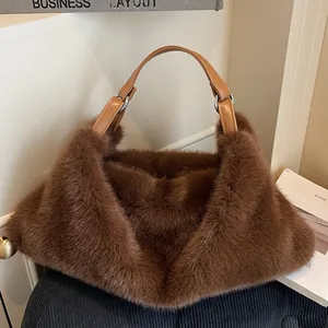 Sac sous le Bras en Fausse Fourrure pour Femmes Sac à Épaule Hobo en Peluche Avec Poignée en Similicuir Mode Automne Hiver