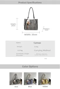 Detailed size chart for striped canvas tote bag with bear charm and material specifications
