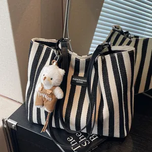 Striped Canvas Tote Bag For Women Large Capacity Shoulder Bag With Bear Pendant Urban Simple Fashion Handbag Daily Use
