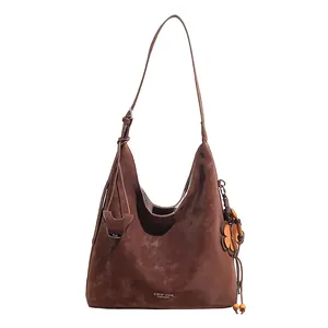 Large capacity dark brown suede hobo tote bag with floral charm and shoulder strap