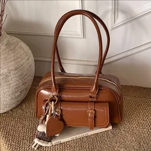 Women Retro PU Leather Underarm Bag Large Capacity Shoulder Handbag Boston Pillow Bag With Front Buckle Pocket Commuter