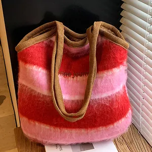 Vintage Plaid Large Capacity Tote Bag For Women Woolen Fabric Shoulder Bag With Bonne Journee Embroidery Winter Casual Handbag