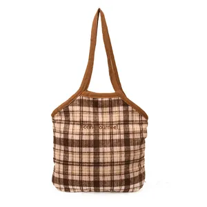 Retro plaid tote bag with brown handles and Bonne journée embroidery on front