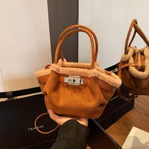 Women Casual Suede Faux Shearling Bucket Bag Korean Style Winter Fur Patchwork Shoulder Crossbody Bag With Metal Turn Lock