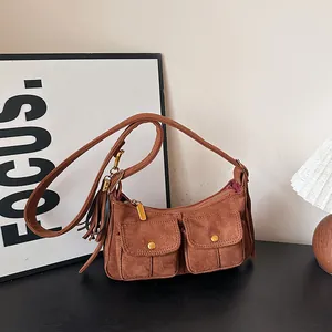 Vintage Suede Leopard Print Baguette Bag For Women Double Front Pockets Tassel Shoulder Bag Underarm Bag Daily Fashion Bag