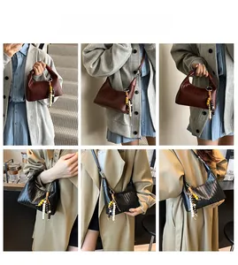 Detailed views of woven shoulder bags with wooden bead charms in black and brown