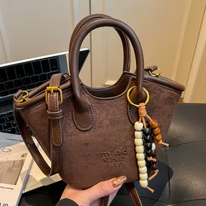 Women's Vintage Suede Crossbody Bag Leopard Print Handbag With Beaded Tassel Charm Versatile Bucket Bag Casual Commute Tote