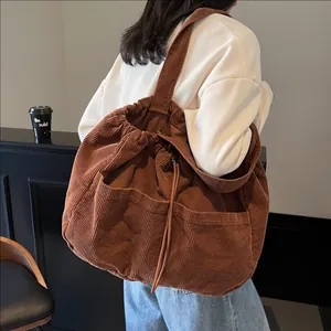 Sac Cabas en Velours Côtelé pour Femme Mode Grande Capacité Cordon de Serrage Sac à Épaule Avec Poches Avant Décontracté Rétro Shopping Quotidien