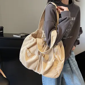 Sac cabas en velours côtelé blanc cassé pour femme avec grande capacité et cordon
