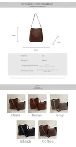 Detailed size specifications and five color variants of the casual PU leather bucket bag