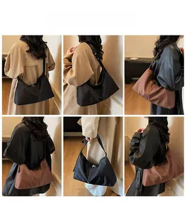 Detailed views of high-capacity minimalist hobo bags in black and brown finishes