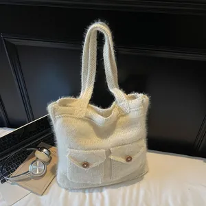 Sac Cabas Tricoté Grande Capacité pour Femme Avec Deux Poches Frontales Sac à Épaule Tricoté Décontracté Vintage
