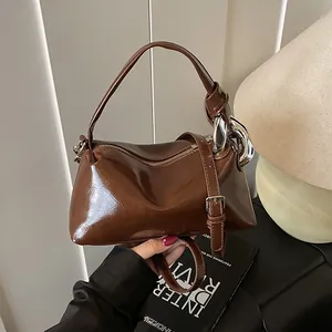 Women Retro Glossy PU Leather Pillow Handbag Commuter Shoulder Crossbody Bag With Adjustable Strap Pendant Decorative Tassel Solid Color Fashion Niche Bag