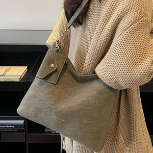 Retro grey-green matte tote bag with shoulder strap and matching coin purse for women