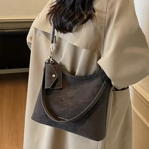 Chic dark gray matte leather tote bag with white contrast stitching and mini pouch