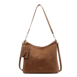 Brown frosted leather tote bag with shoulder strap and detachable coin purse for women