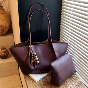 Women Retro PU Leather Large Capacity Tote Bag Commuter Shoulder Underarm Bag With Wooden Bead Pendant Handbag For Office