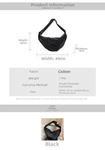 Size chart showing large black oxford shoulder bag dimensions 49x28x8 cm with specifications