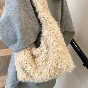 Borsa a Spalla in Peluche Autunno Inverno Donna Tote in Pelliccia Sintetica Grande Capacità Stile Coreano Tinta Unita