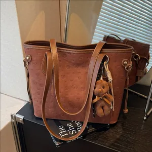 Women Large Capacity Cartoon Dog Embossed Tote Bag PU Leather Shoulder Bag With Plush Bear Pendant Daily Commute Underarm Bag