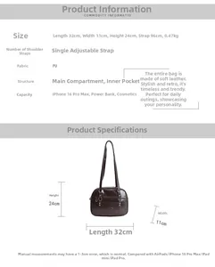 Dimensions et capacité du sac Boston rétro en cuir PU marron avec bandoulière réglable