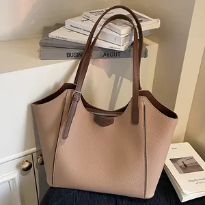 Women Large Capacity PU Leather Tote Bag Lychee Grain Commuter Shoulder Bag Daily Handbag With Zipper Minimalist Hobo Bag