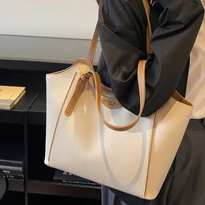 Large capacity bicolor tote bag in beige and brown lychee texture for women