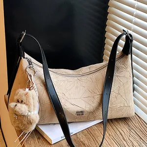 Women's Retro Large Capacity Pleated PU Leather Shoulder Bag Korean Style Underarm Hobo Bag With Cute Bear Pendant Daily