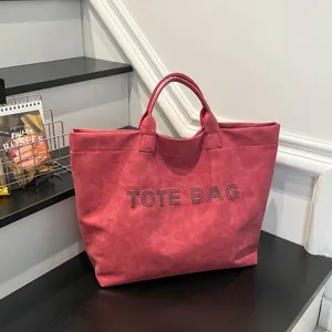 Fashionable rose red oversized tote bag with metal rivet letters and double handles