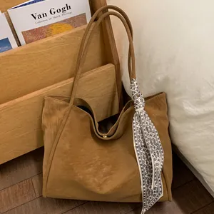 Large Capacity PU Leather Tote Bag For Women Retro Minimalist Shoulder Bag With Satin Scarf Daily Commute Handbag 2025 New Style