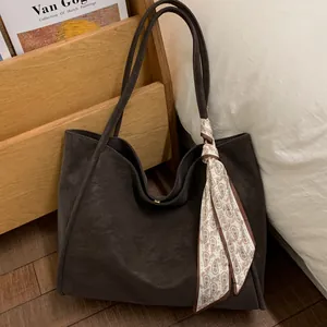 Retro dark brown large tote bag in faux leather with decorative paisley silk scarf accessory