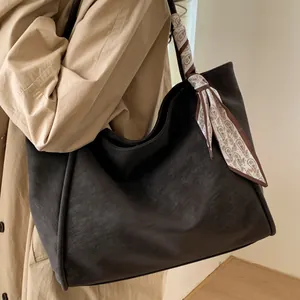 Large capacity vintage tote bag for women in dark matte finish with scarf detail