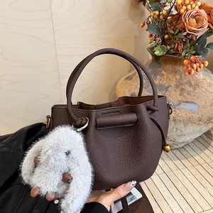 Korean Pleated PU Leather Bucket Bag For Women Fashion Lychee Texture Handbag With Plush Bunny Charm Crossbody Shoulder Bag