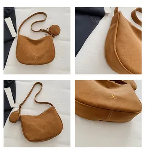 Detail collage of brown suede crescent bag with matching circular coin purse charm