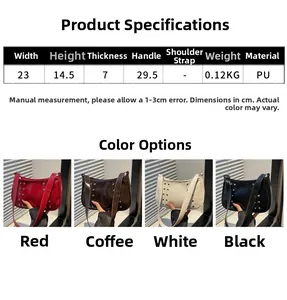 Detailed size chart and multi-color view of minimalist rivet studded shoulder bags