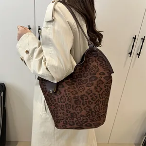 Large leopard print tote bag for women, stylish suede shoulder bag for daily commuting