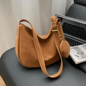 Women Vintage Suede Hobo Bag Large Capacity Shoulder Bag With Round Coin Purse Pendant French Simple Commuter Bag