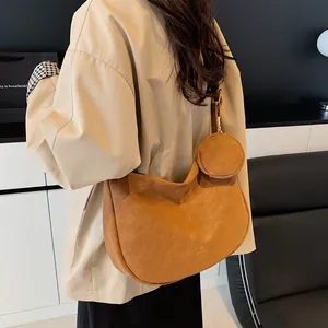 Brown suede hobo shoulder bag with round coin purse and large capacity daily style