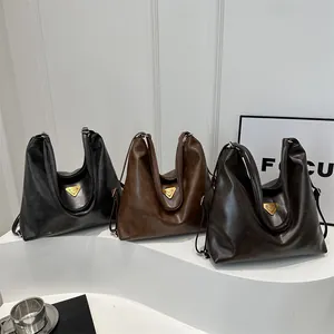Three retro large capacity tote bags in black, dark brown, and coffee synthetic leather